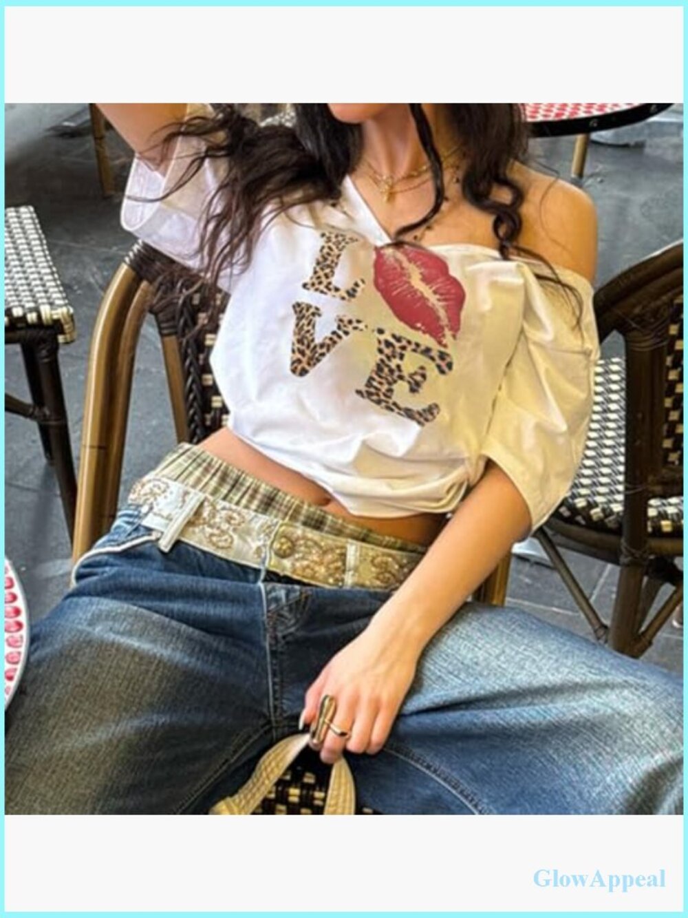 Oversized Off Shoulder Graphic Tee Y2K Lips Print Baggy T-Shirt - Picture 4 of 7